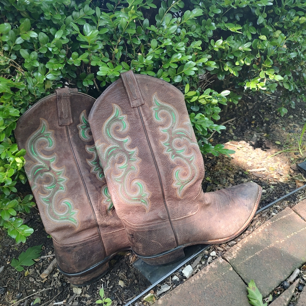 Old West Brown and Green Leather Cowboy Boots